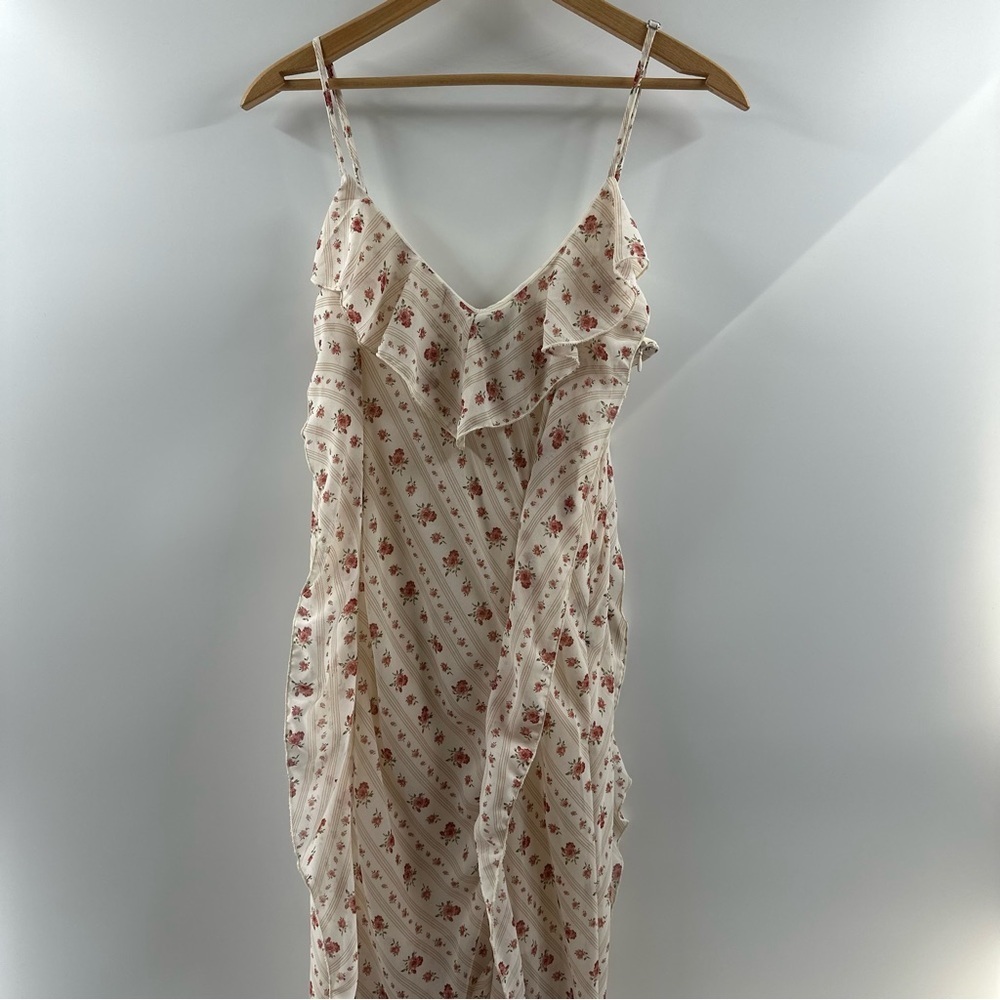 Forever 21 Ivory Floral Maxi Dress with Mauve Stripes – Size M